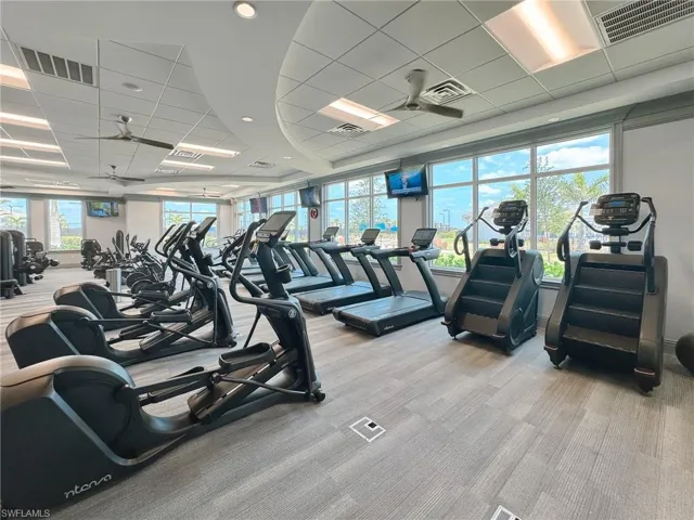 Workout area featuring carpet flooring and a paneled ceiling