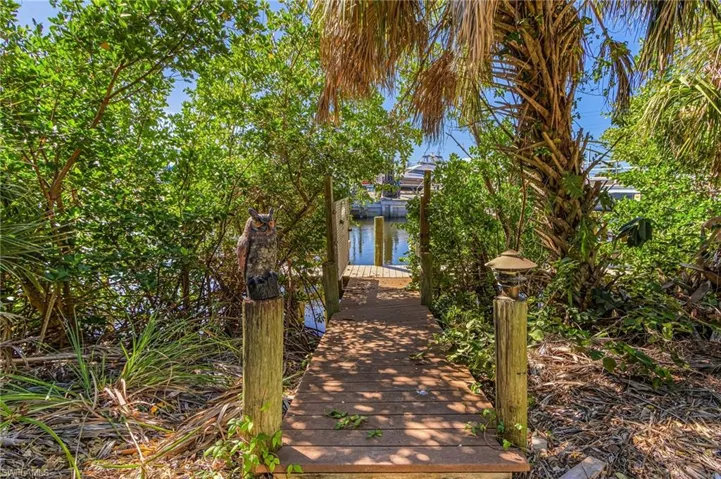 Walkway to canal, boat dock, lift, and canopy