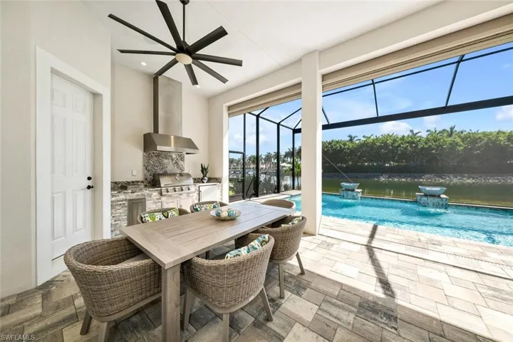 New outdoor kitchen with natural gas, pool bath and dining area