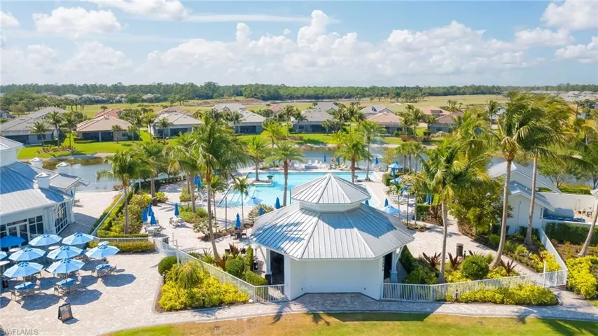 Aerial view of residential area featuring a pool