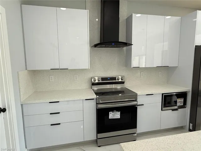 Kitchen featuring decorative backsplash, appliances with stainless steel finishes, white cabinetry, wall chimney exhaust hood, and modern cabinets