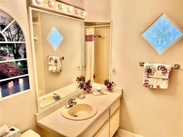 Guest Bathroom with vanity and curtained shower