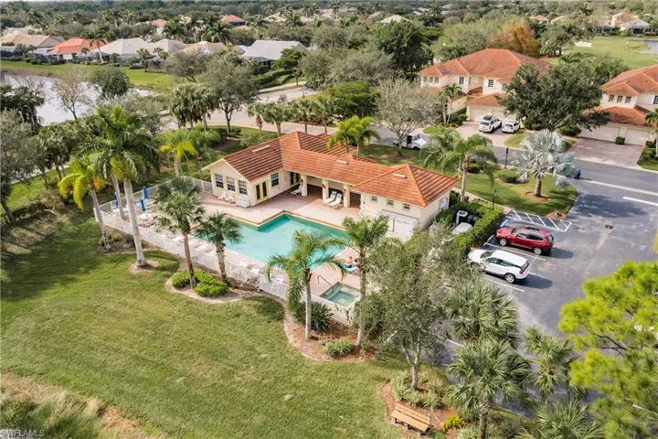 Aerial view of residential area with a pool area