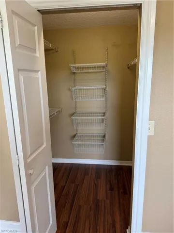 Walk in closet featuring dark wood-style flooring