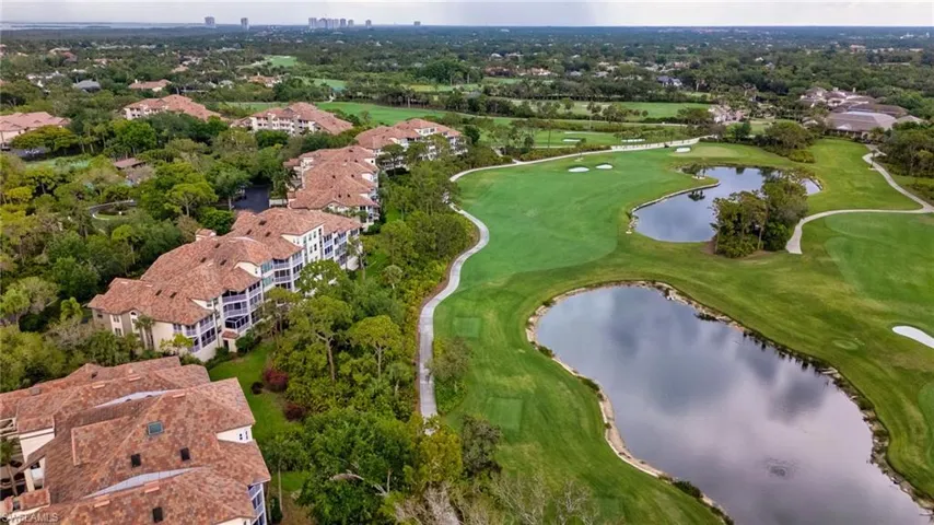 Stunning aerial view of the golf course and green fairways surrounding Wedgewood.