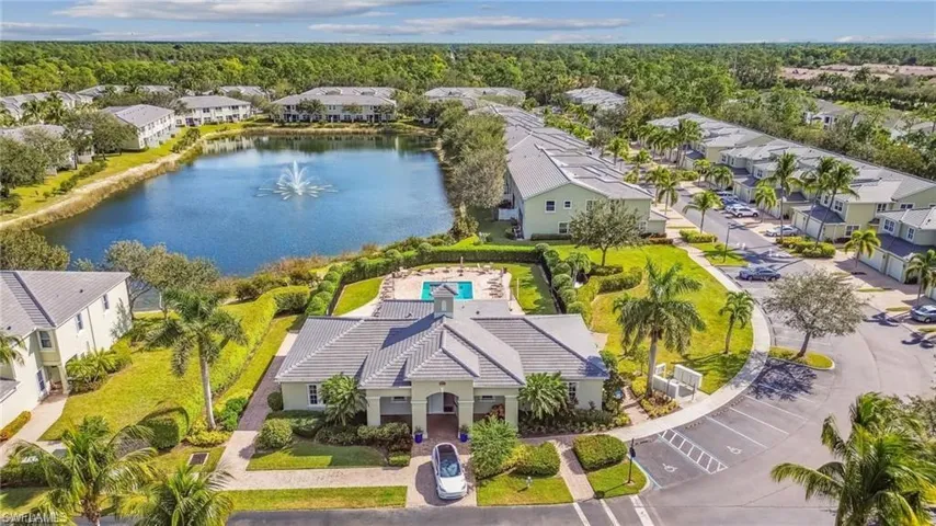 Aerial perspective of suburban area featuring a nearby body of water