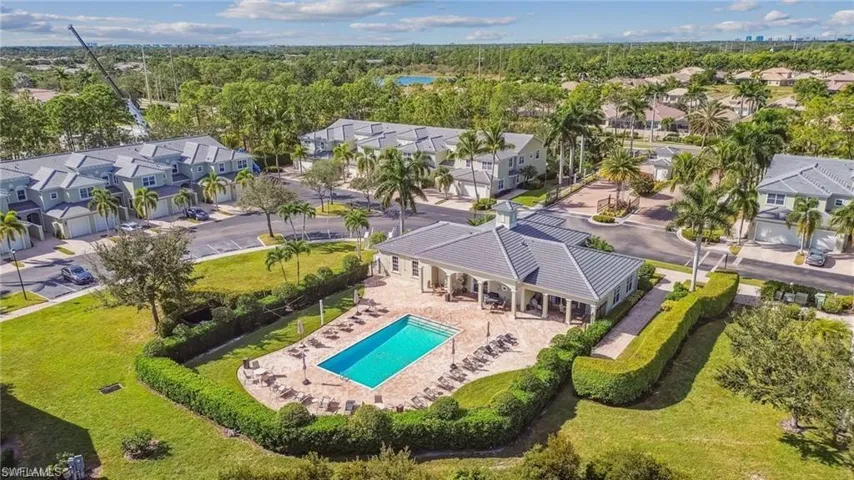Aerial perspective of suburban area with a pool