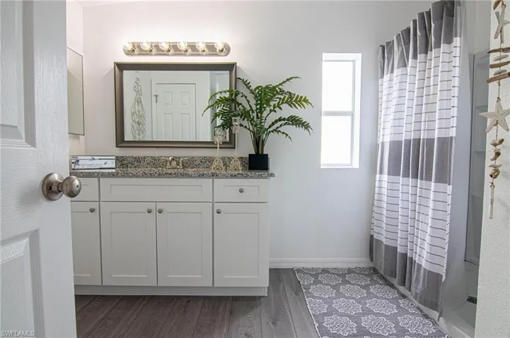 BATHROOM - MAIN BATHROOM.WALK-IN SHOWER, NEW SHAKER CABINETS WITH SOFT CLOSE DOORS, GRANITE COUNTERTOP, NEW TOILET, LUXURY VINYL PLANK FLOORING. NEW LIGHT, NEW MIRROR, LINEN CLOSET.