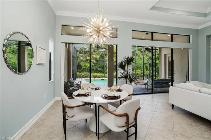 Elegant dining room featuring modern chandelier lighting