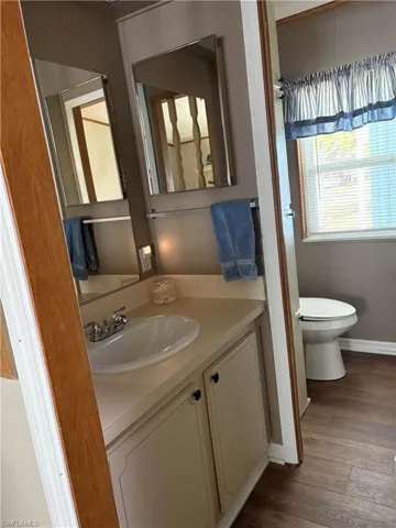 Bathroom with hardwood / wood-style flooring, vanity, and toilet