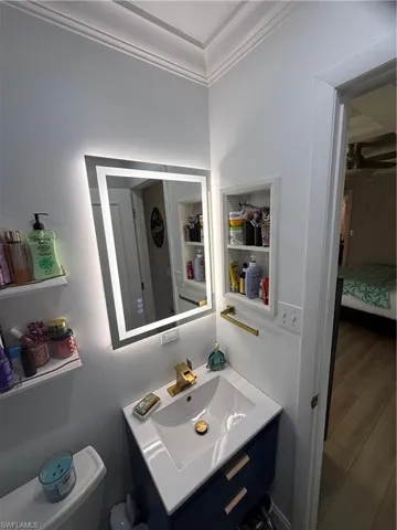 Half bath with vanity, connected bathroom, wood finished floors, and crown molding