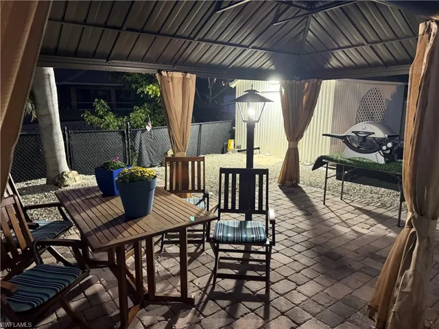 Fenced backyard featuring a patio and outdoor dining area