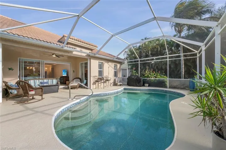 Swimming pool featuring a screened-in lanai, a covered lanai area, a patio area, outdoor lounge area, and area for grilling