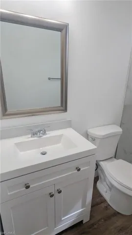 Bathroom featuring vanity, toilet, and hardwood / wood-style floors