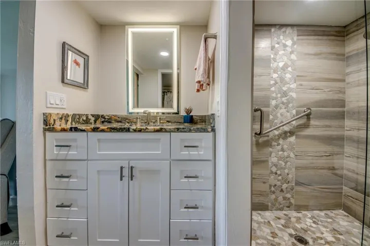 Bathroom with a shower with door and vanity