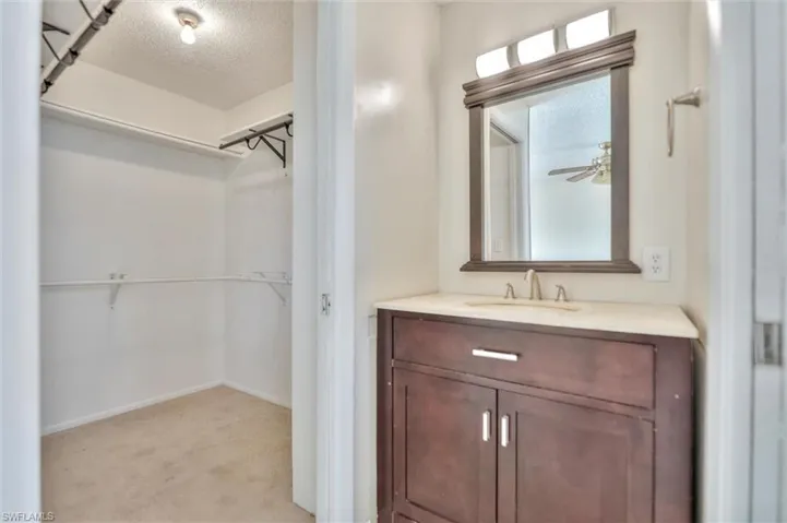 Bathroom featuring a spacious closet, vanity, a textured ceiling, and light colored carpet