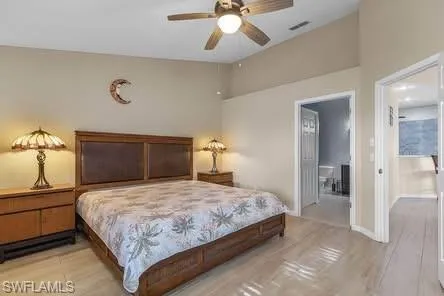 Bedroom with light wood finished floors and ceiling fan