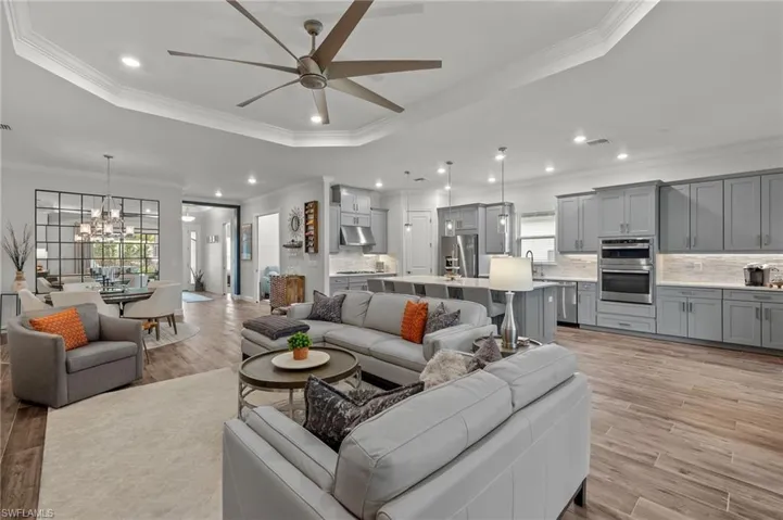 Living room tray ceiling, crown molding, ceiling fan