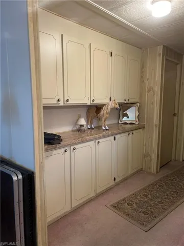 Kitchen with white cabinets and light carpet
