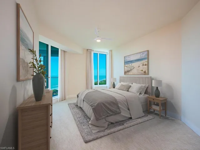 Virtually staged second master bedroom with Gulf views