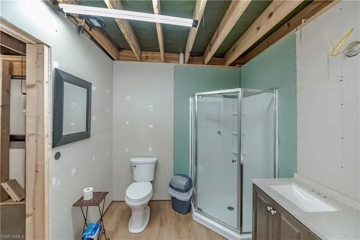 Bathroom with toilet, vanity, wood-type flooring, and a shower with door