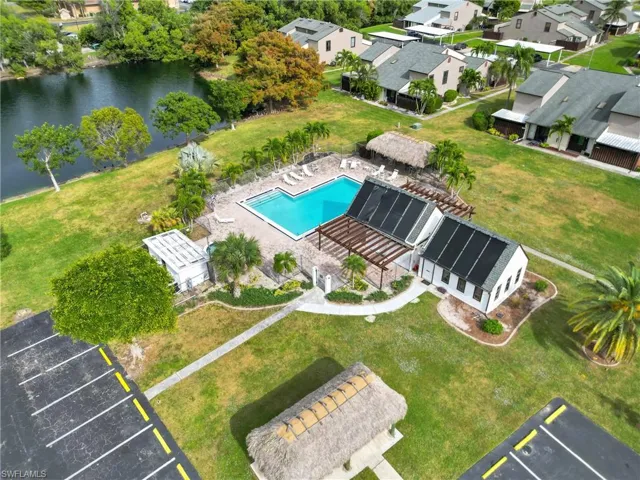 Aerial view of residential area with a pool