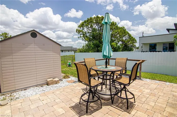Fenced backyard featuring a patio and outdoor dining area