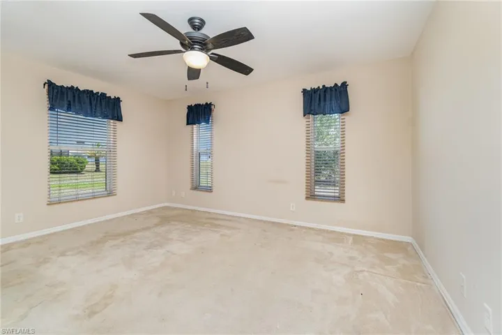 Carpeted room with plenty of natural light, baseboards, and a ceiling fan