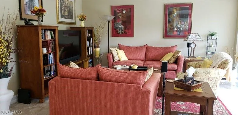 Living area with tile patterned flooring