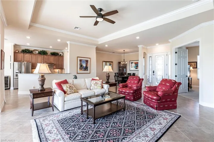 Open concept great room, dining room, kitchen.