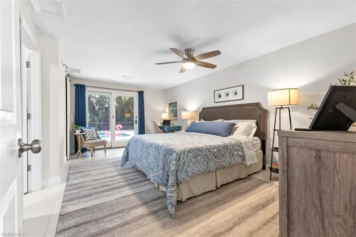 Master Bedroom featuring access to outside, a ceiling fan, and french doors