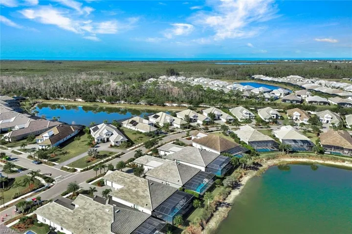Aerial perspective of suburban area with a nearby body of water
