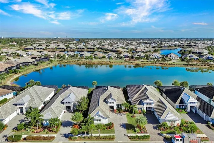 Aerial perspective of suburban area with a nearby body of water