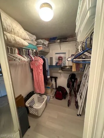 Spacious primary closet with light wood-style floors