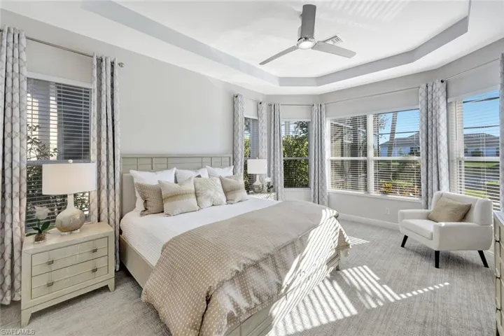 Bedroom featuring a tray ceiling, carpet, and a ceiling fan