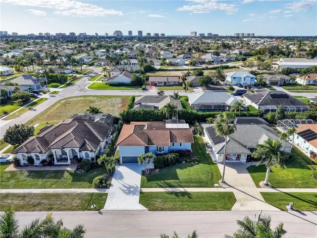 Aerial view of residential area with skyline