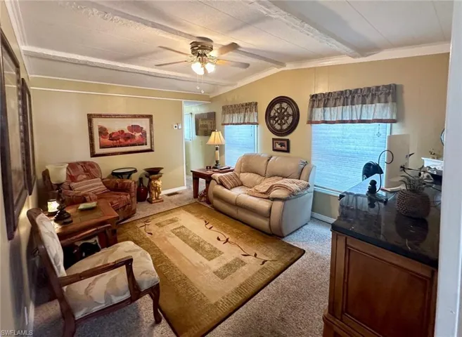 Ceiling fan and neutral carpet in the living room.