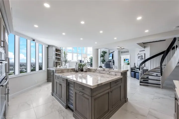 Large Center Island with integrated GE wine refrigerator