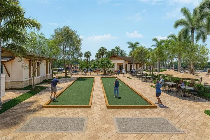 View of community with a bocce ball area and a patio