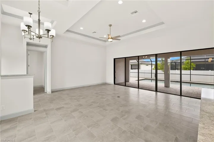 Great room with recessed vaulted ceiling