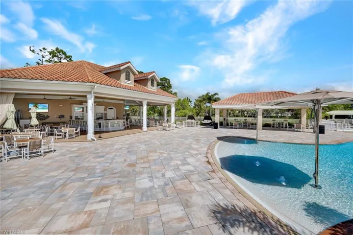 Community pool with a patio and outdoor dining space