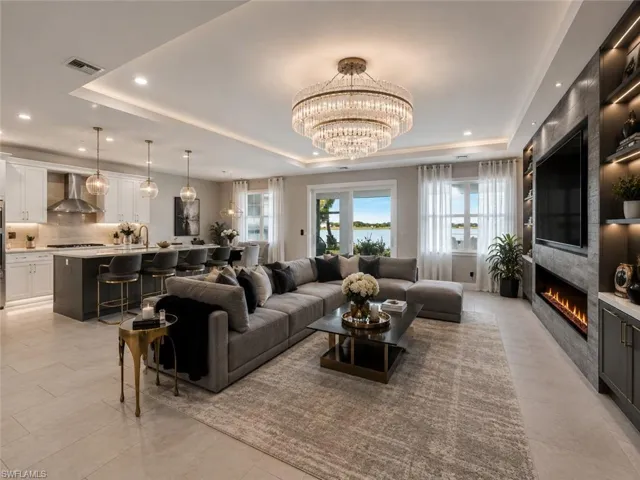 virtually imagined great room with entertainment wall
