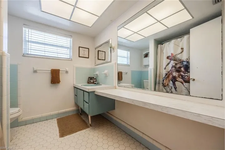 Full bathroom featuring toilet, baseboards, vanity, and a shower with shower curtain