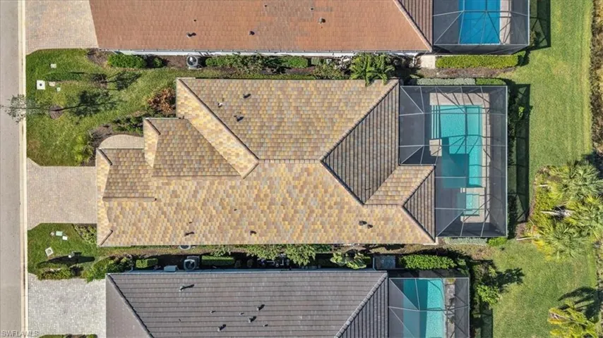 Drone / aerial view of a pool area