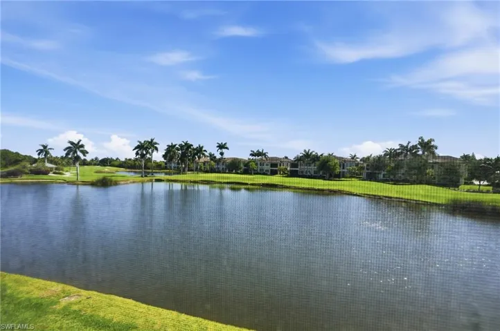 Expansive water feature bordered by manicured greenspace and tropical palm trees