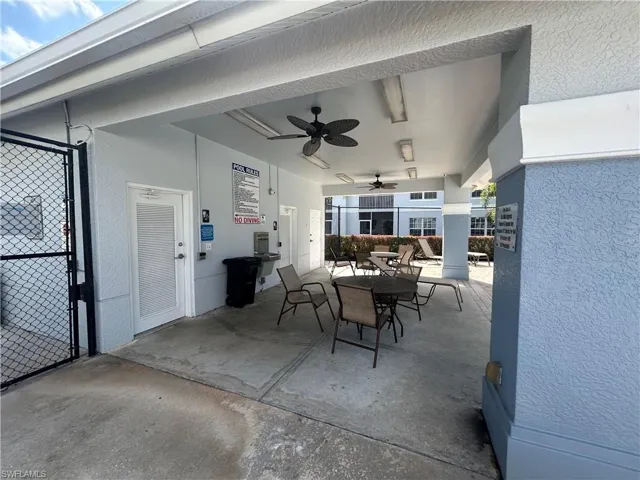 View of patio featuring ceiling fan and outdoor dining space