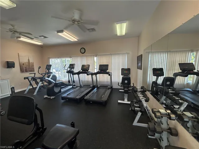 Workout area with ceiling fan