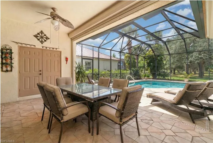 Virtually Edited. View of patio / terrace featuring glass enclosure, a sunroom, an outdoor pool, outdoor dining space, and ceiling fan