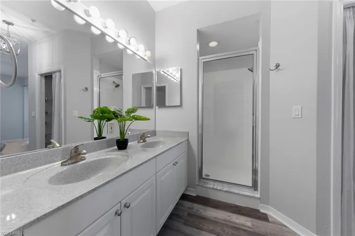 Bathroom featuring vanity, hardwood / wood-style flooring, and walk in shower