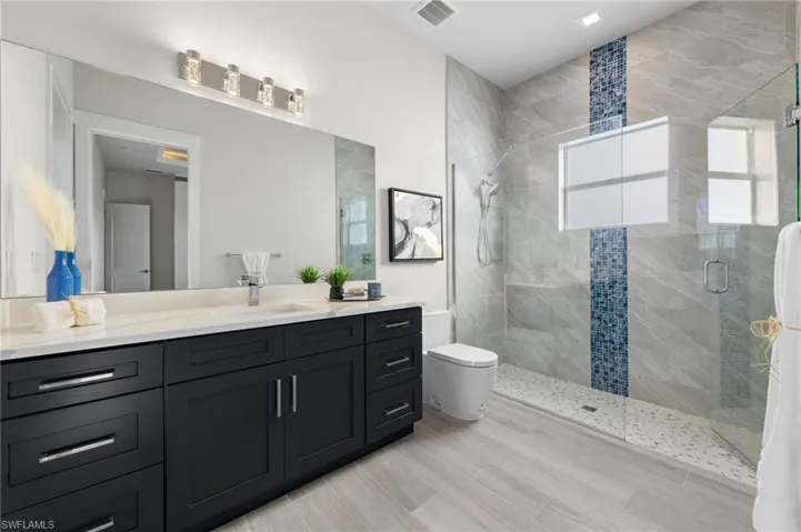 Bathroom featuring vanity, toilet, and walk in shower
